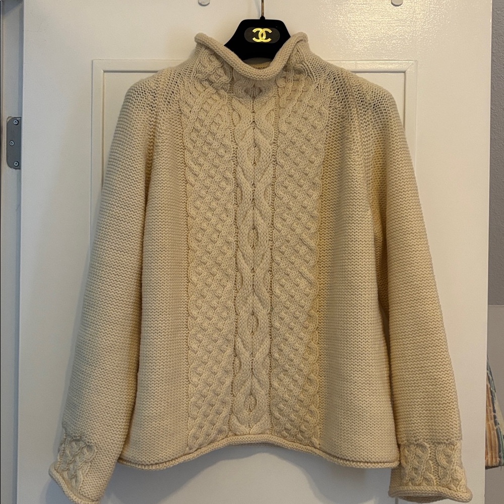 Aran Island Knitwear Classic Ivory Cable Knit Mock Pure New Wool Sweater - Large